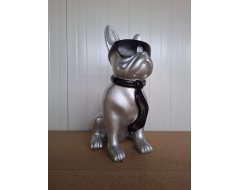 Beeld Franse Bulldog Zit Bril 40cm Zilver